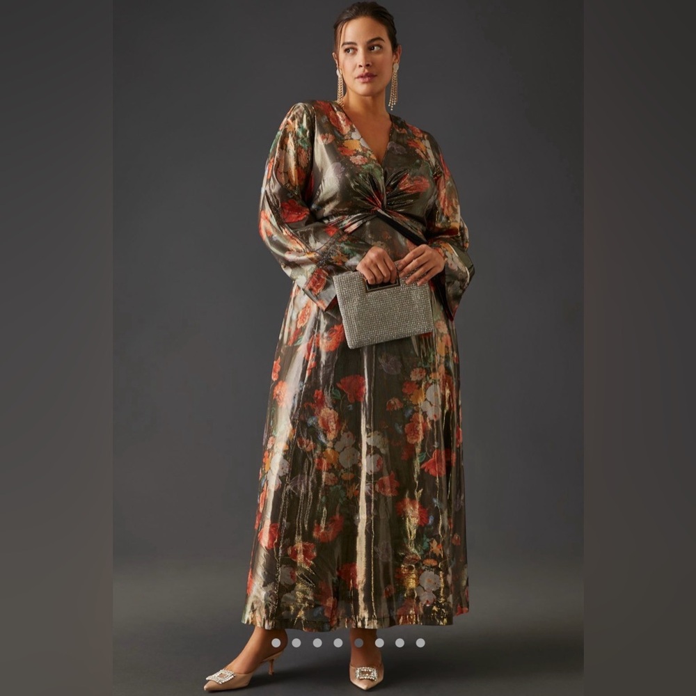 Anthropologie NWT Metallic Floral Maxi Dress Olive Colorful Caballero 3X Formal